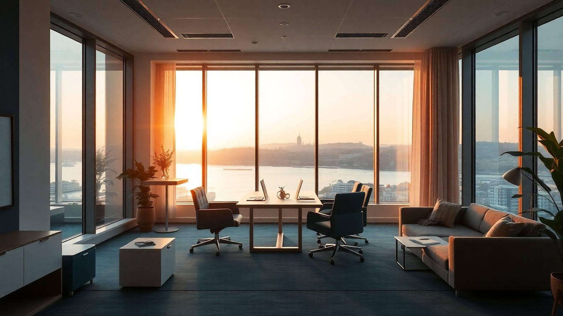 Interior modern al biroului ConsultInnovation în Galați cu vedere spre Dunăre